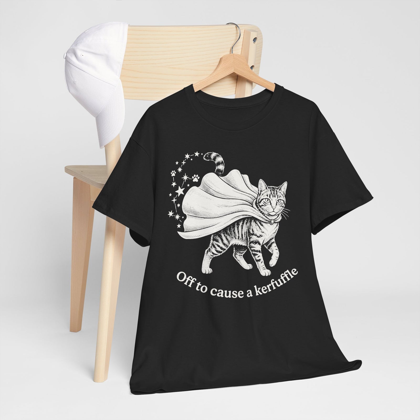 Cat Cape T-Shirt — "Off to cause a kerfuffle" Cute Mischief Cat Tee