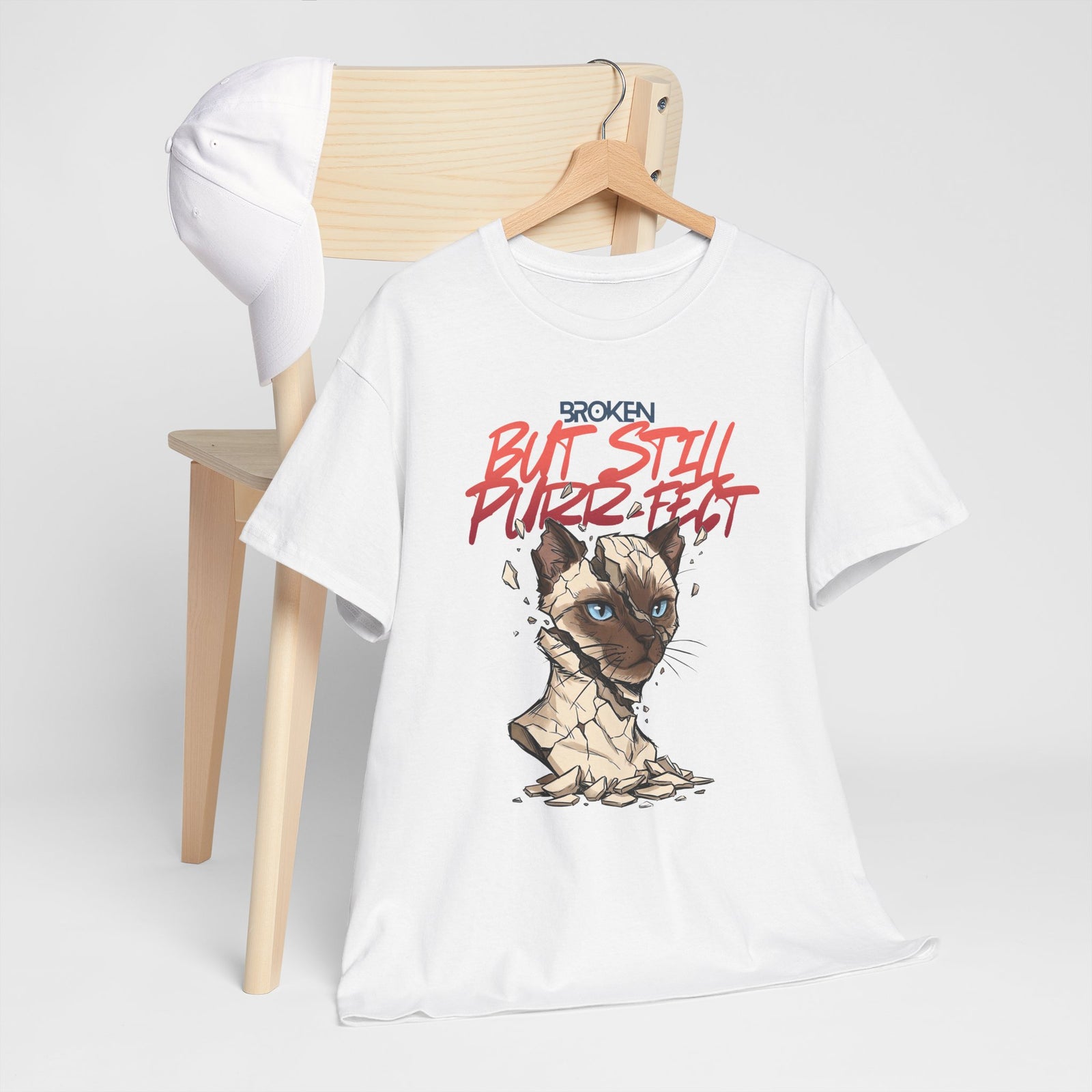 Funny Cat T-Shirt — "Broken But Still Purr-fect"
