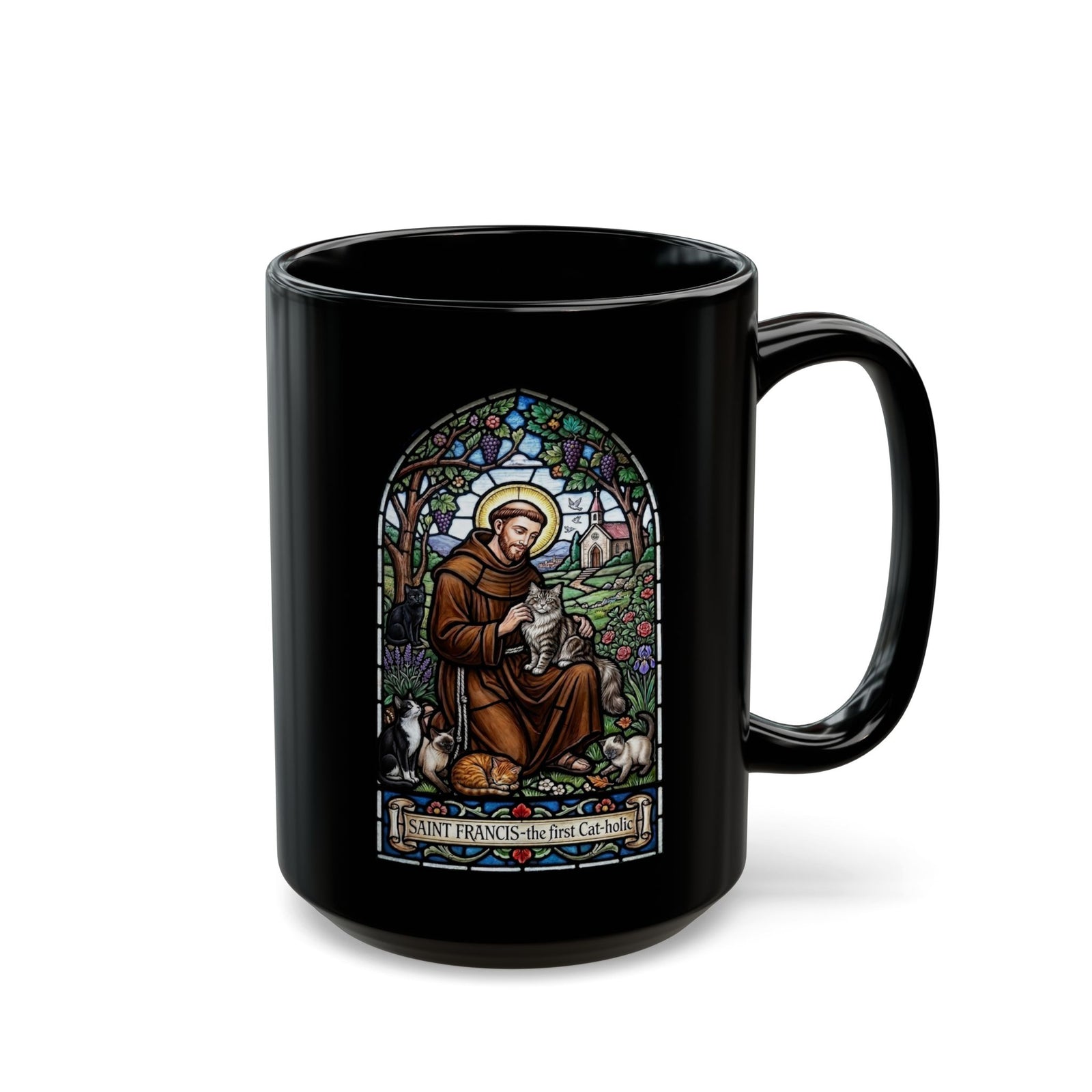 Saint Francis Cat Black Mug — "SAINT FRANCIS — the first Cat-holic"