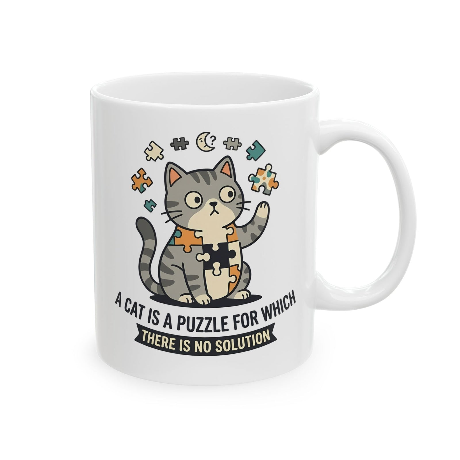 Cat Puzzle Ceramic Mug — "A Cat Is a Puzzle for Which There Is No Solution"