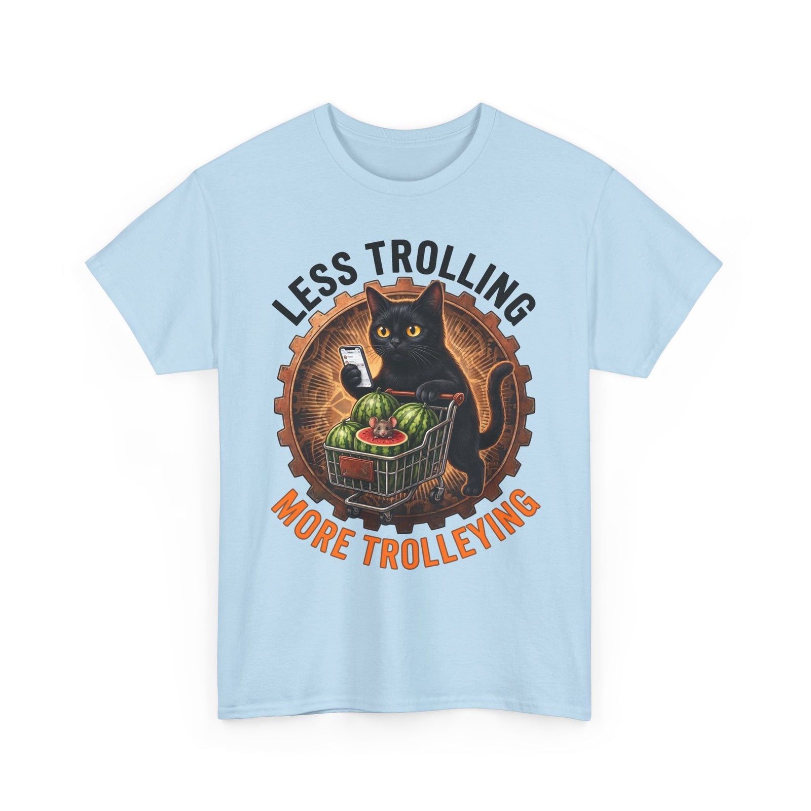 Less Trolling More Trolleying T-Shirt — Funny Black Cat Shopping Cart Pun Tee