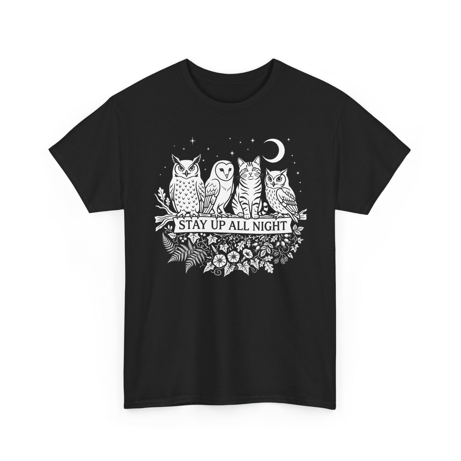 Cat Stays Up All Night T-Shirt — Cute Night Owl Cat Tee