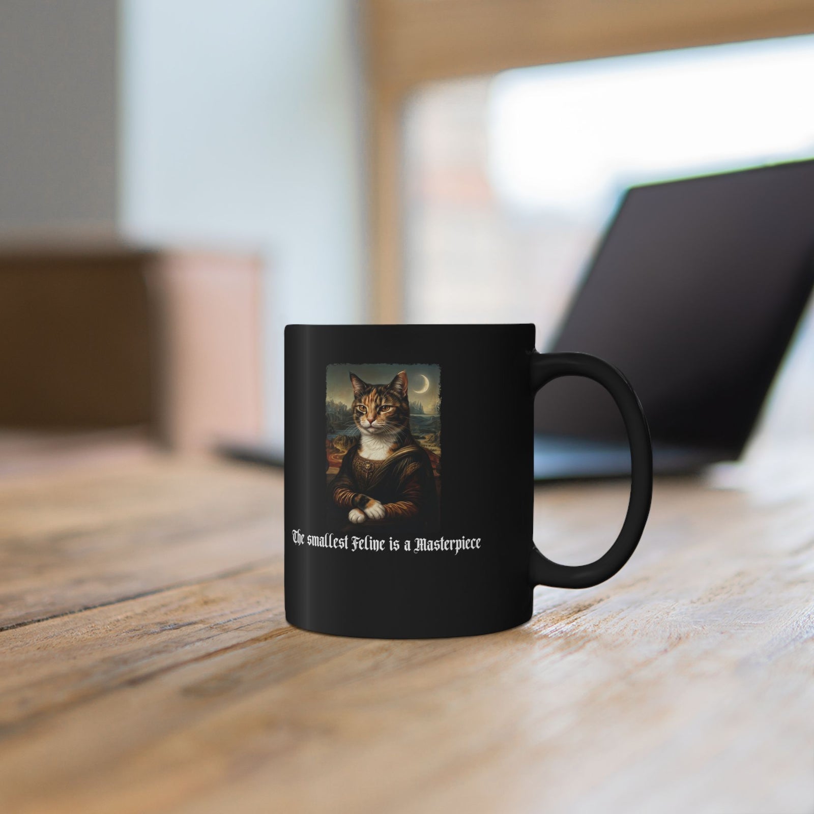Funny Cat Black Mug — "The Smallest Feline Is a Masterpiece"