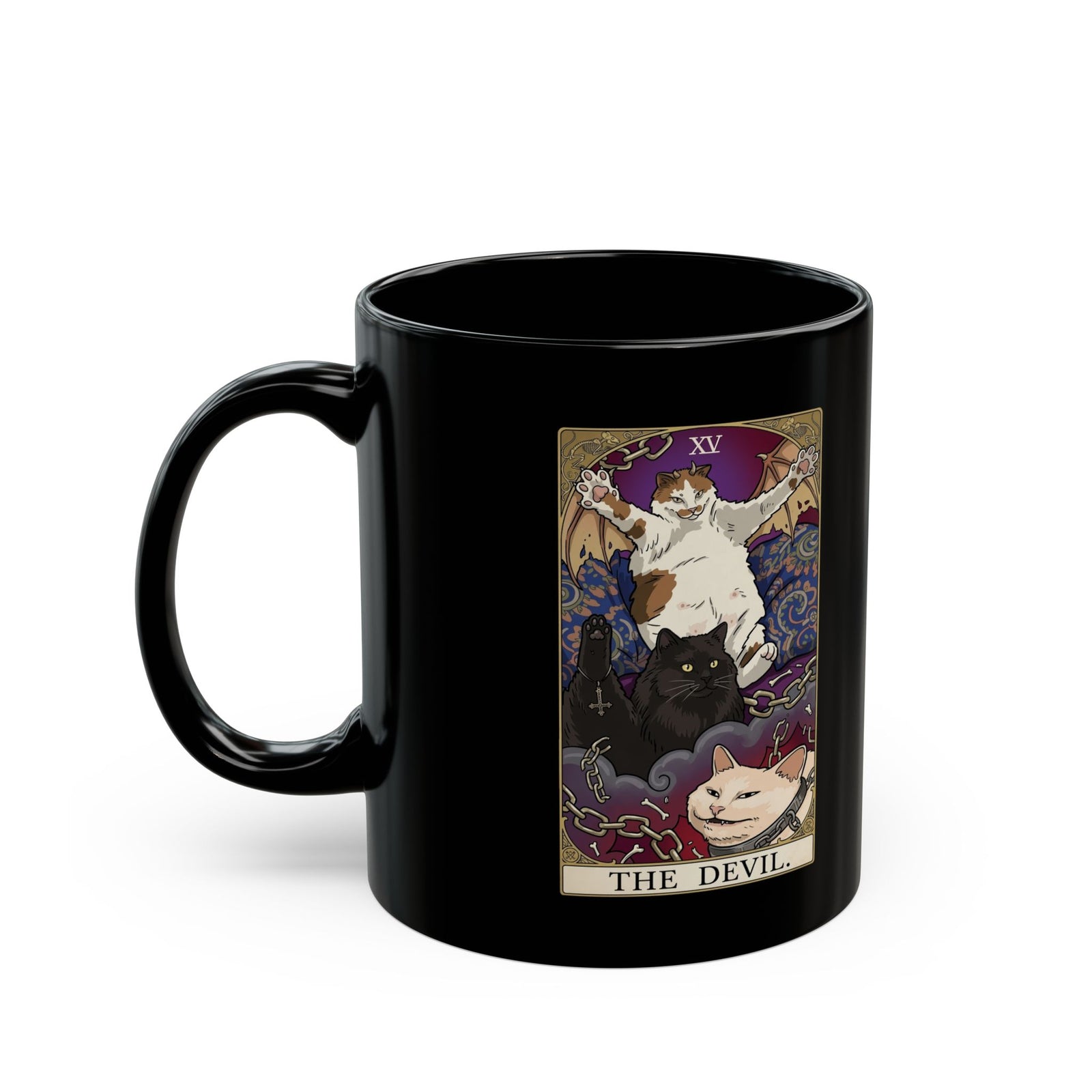 The Devil Cats Tarot Black Mug — Mystical Cat Tarot Illustration