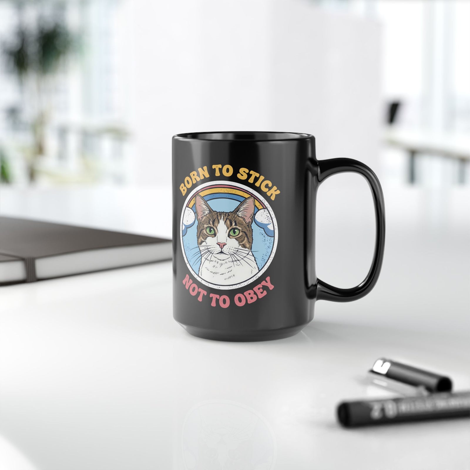 Born To Stick Not To Obey Black Mug — Retro Rainbow Cat Graphic Mug