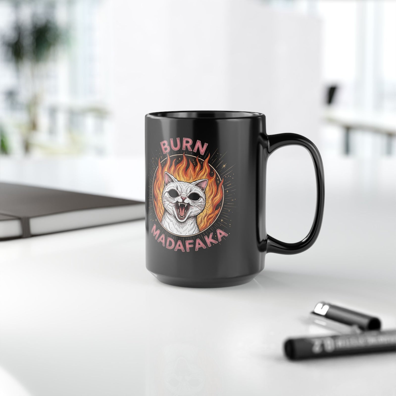 Burn Madafaka Cat Black Mug — Edgy Hellfire Feline Graphic Mug