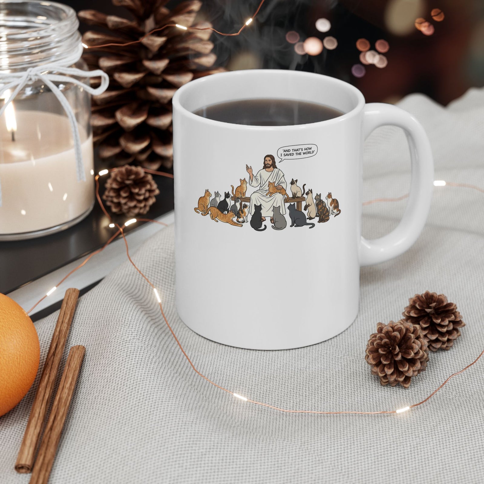 Cats & Jesus Ceramic Mug — Faith + Feline Graphic Mug