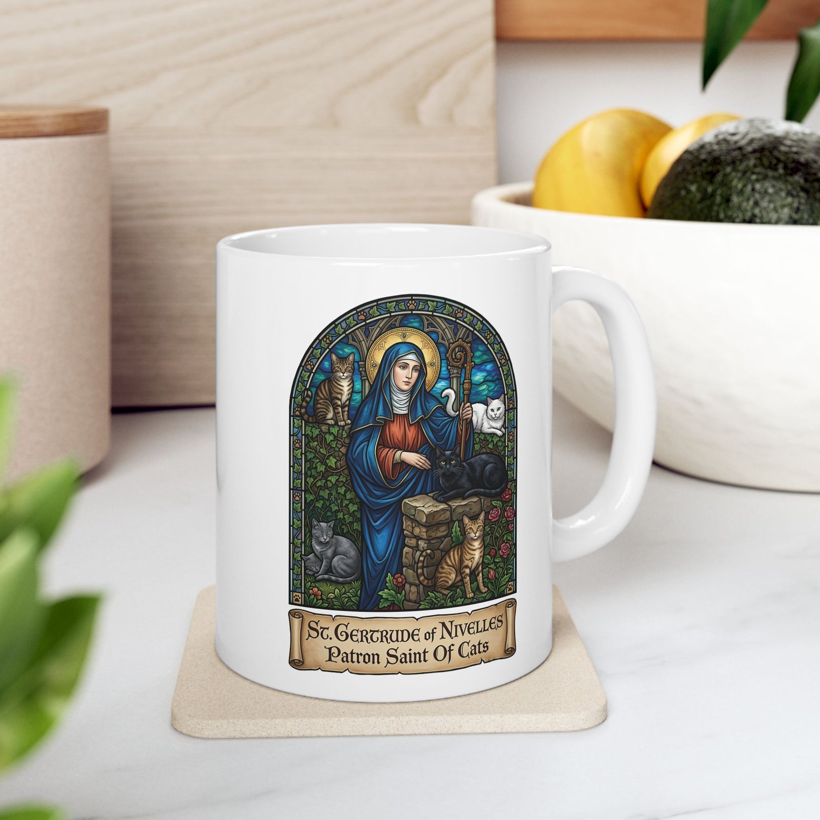 Saint Gertrude of Nivelles Cat Patron Ceramic Mug — Patron Saint of Cats Mug