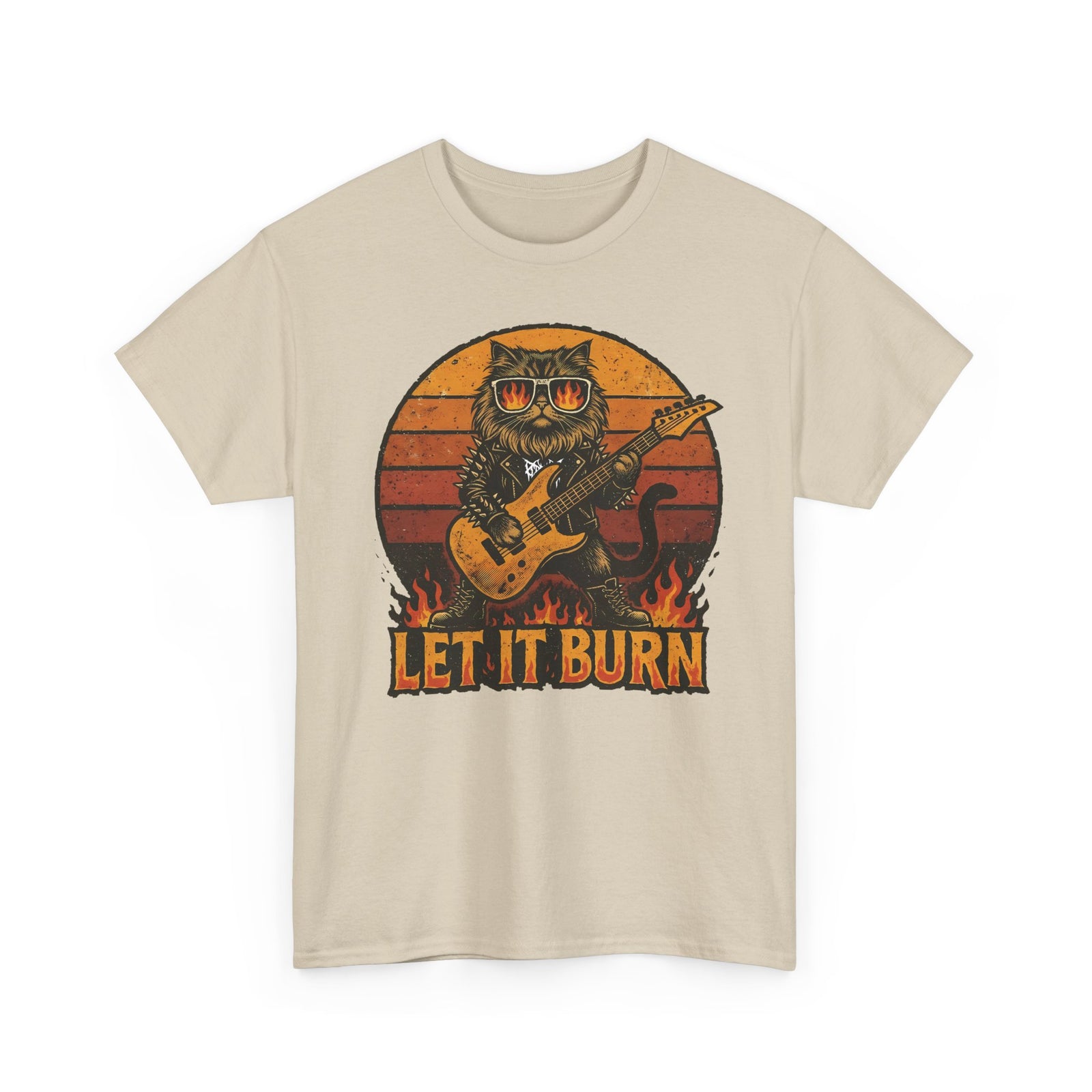 Let It Burn Rocker Cat T-Shirt — Heavy Metal Guitar Feline Graphic