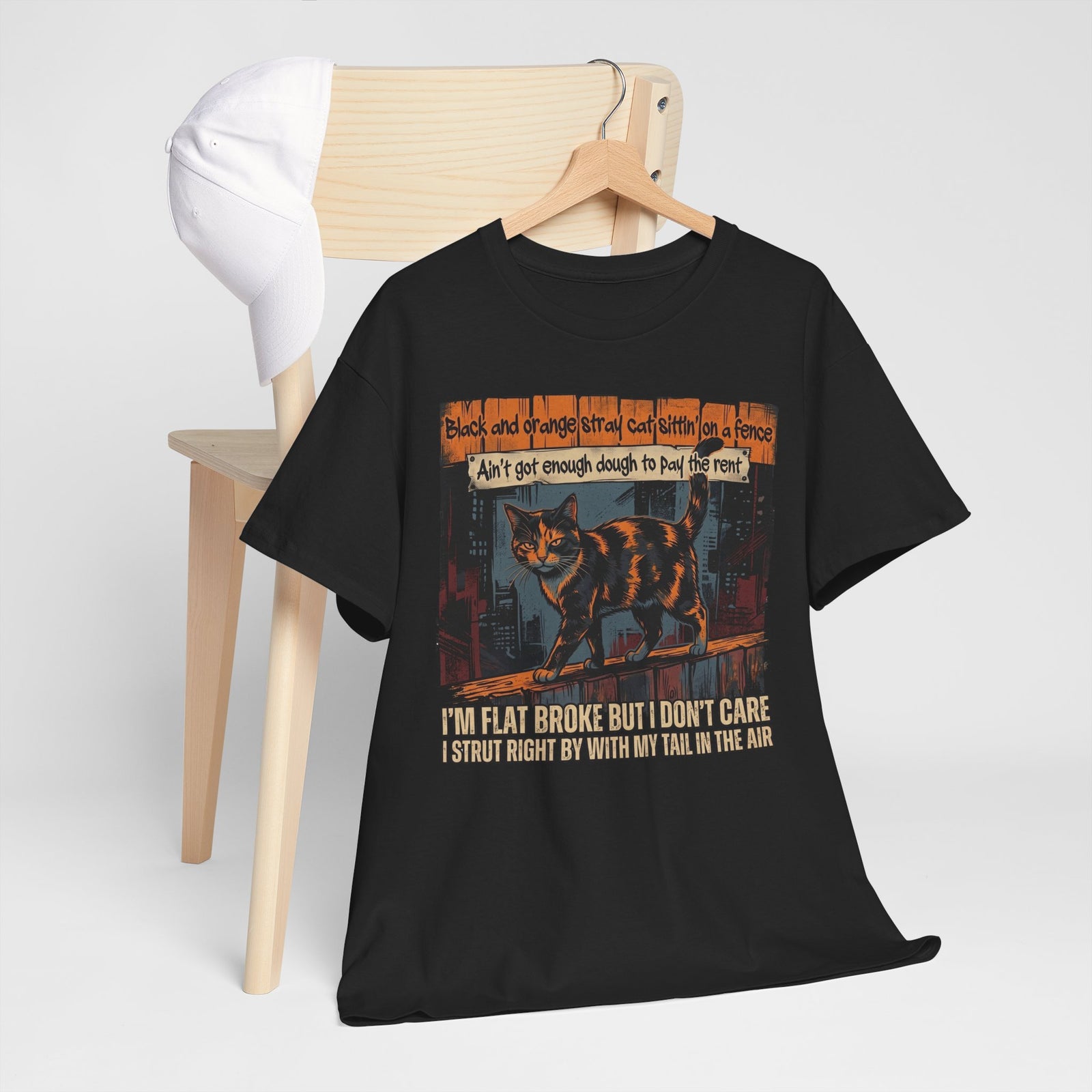 Funny Broke Cat T-Shirt - "I'm Flat Broke But I Don't Care" Graphic Tee