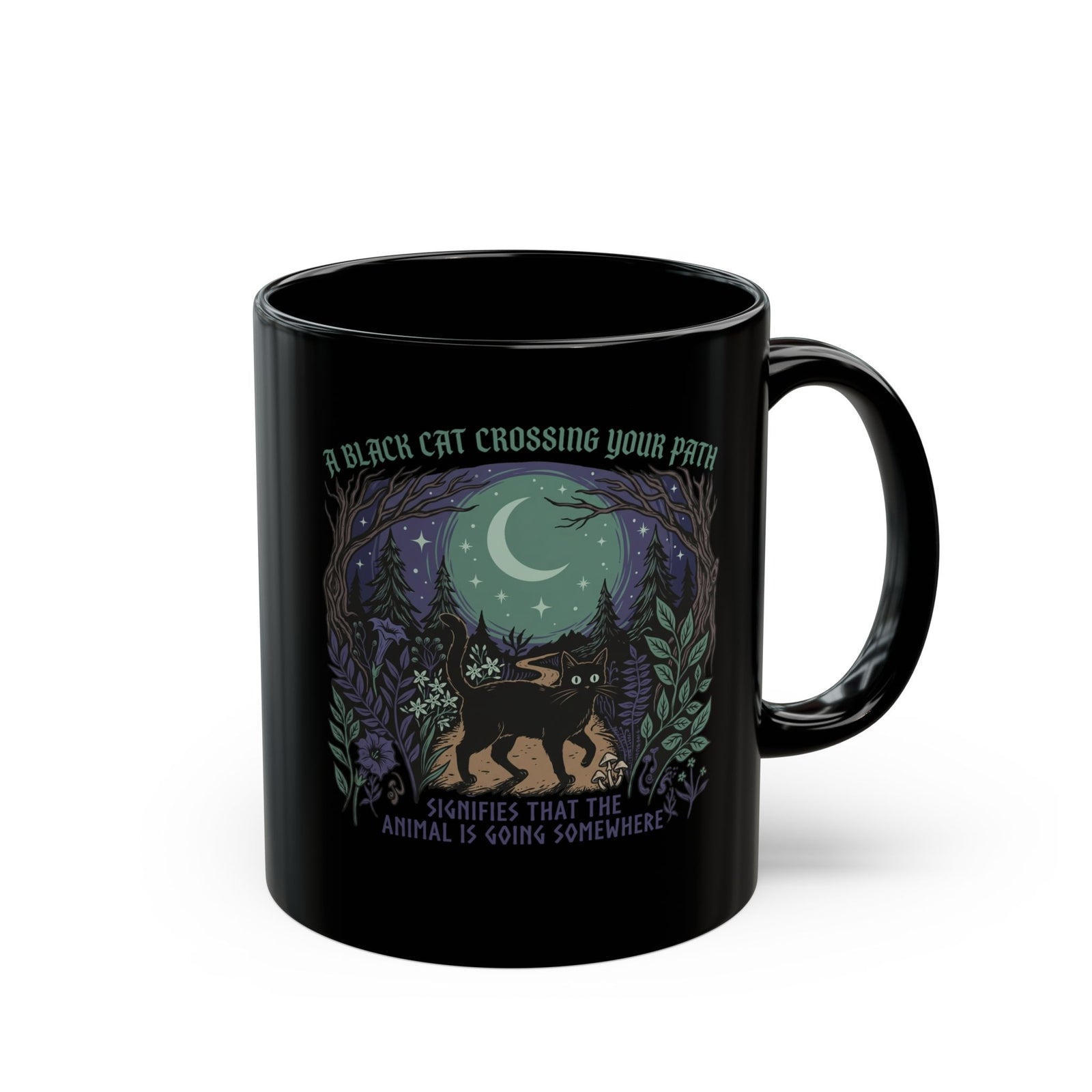 Black Cat Crossing Your Path Mug — Whimsical Moonlit Forest Cat Mug