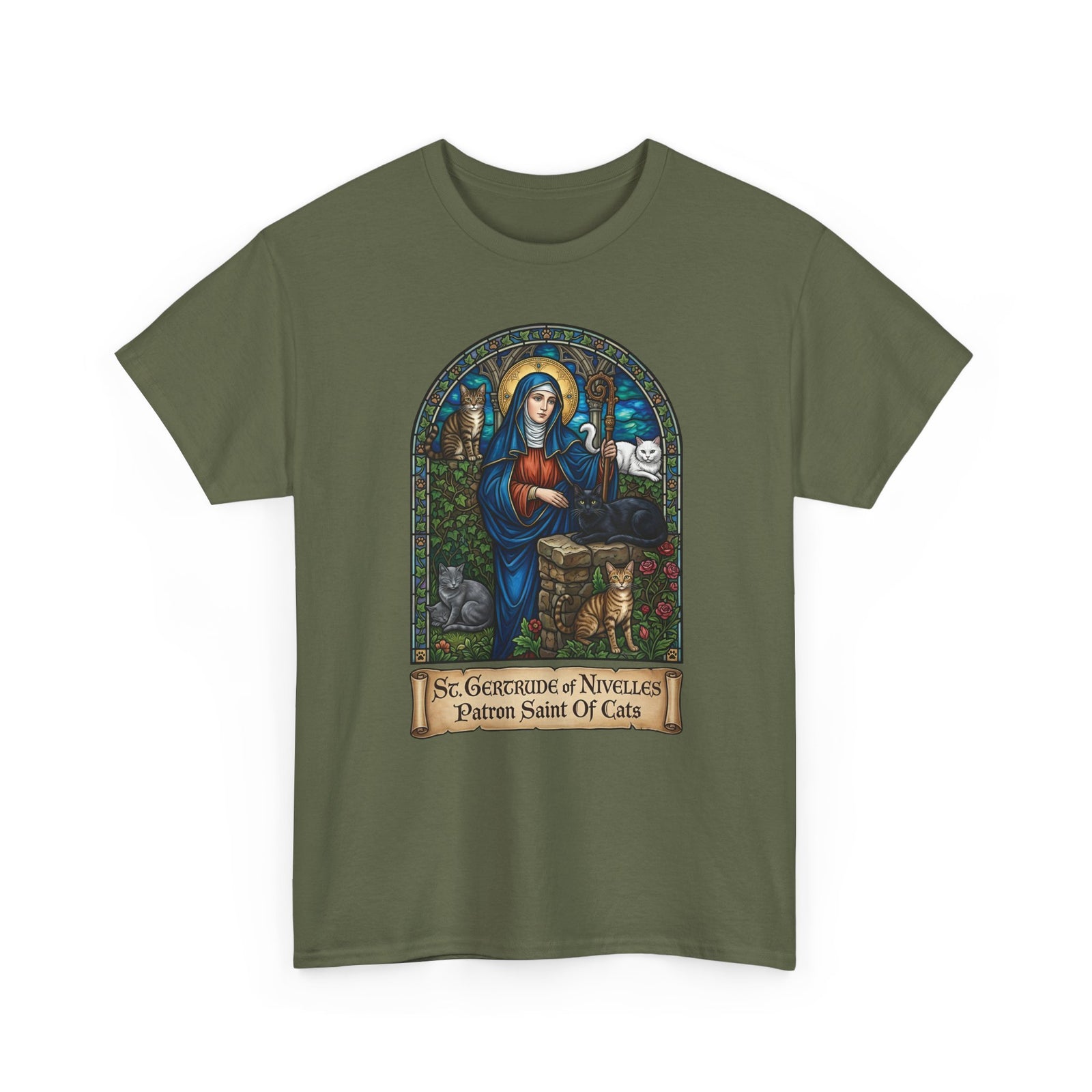 Saint Gertrude of Nivelles Cat Patron T-Shirt — Patron Saint of Cats Tee
