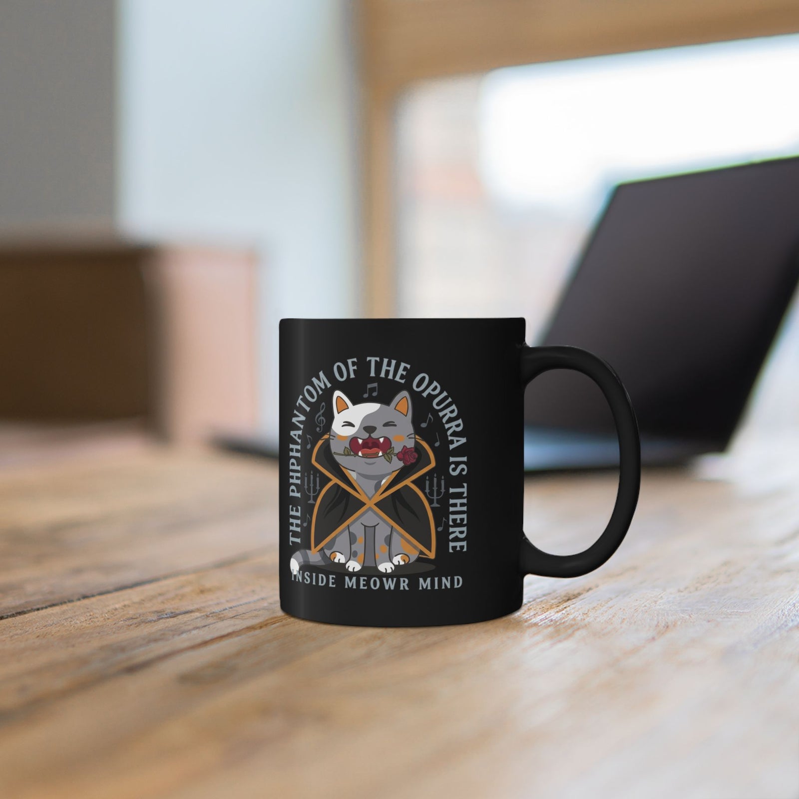 Phantom of the Opurra Black Mug — Cat Musical Parody Mug
