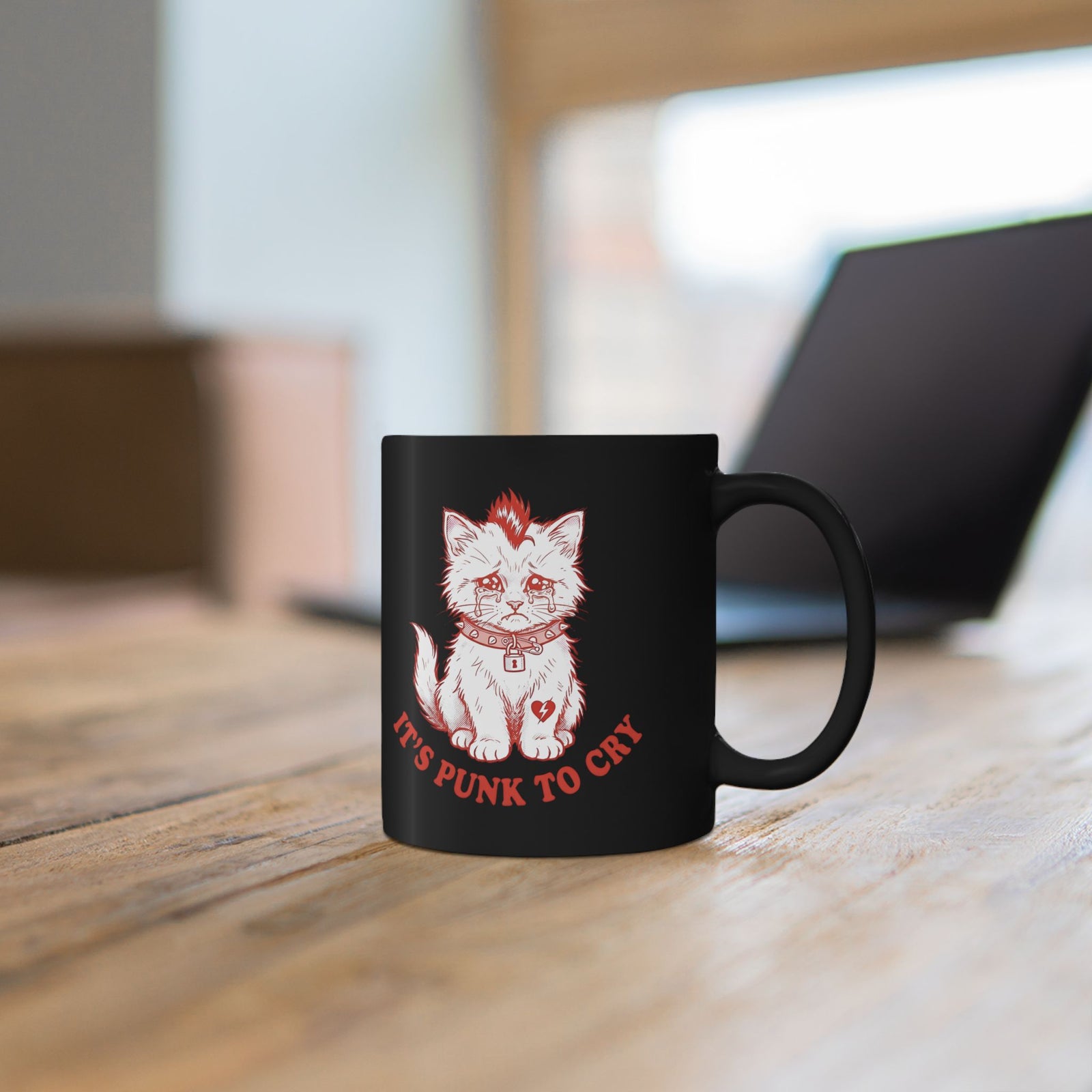 It's Punk To Cry Cat Mug — Cute Punk Cat Graphic Black Mug