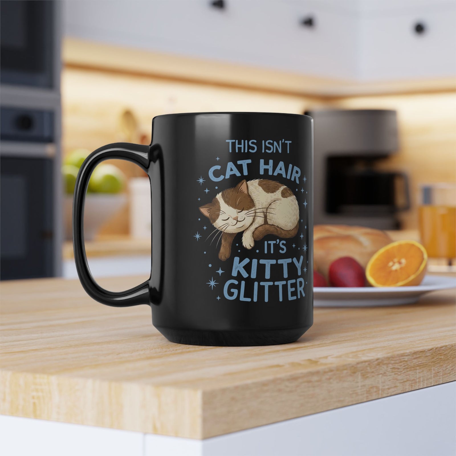 Kitty Glitter Black Mug — "This Isn't Cat Hair" Cat Lover Mug