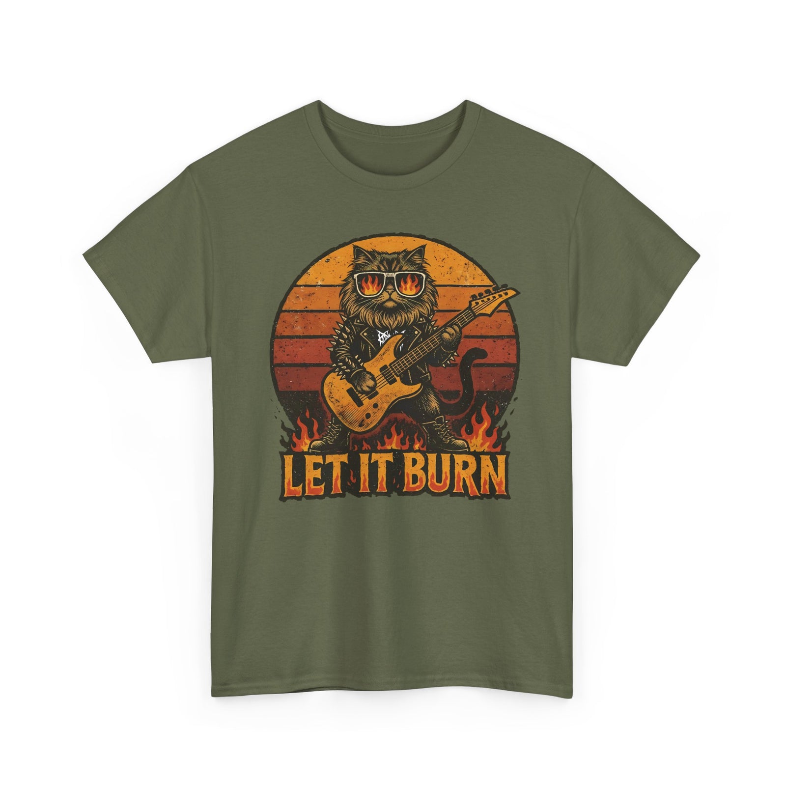 Let It Burn Rocker Cat T-Shirt — Heavy Metal Guitar Feline Graphic