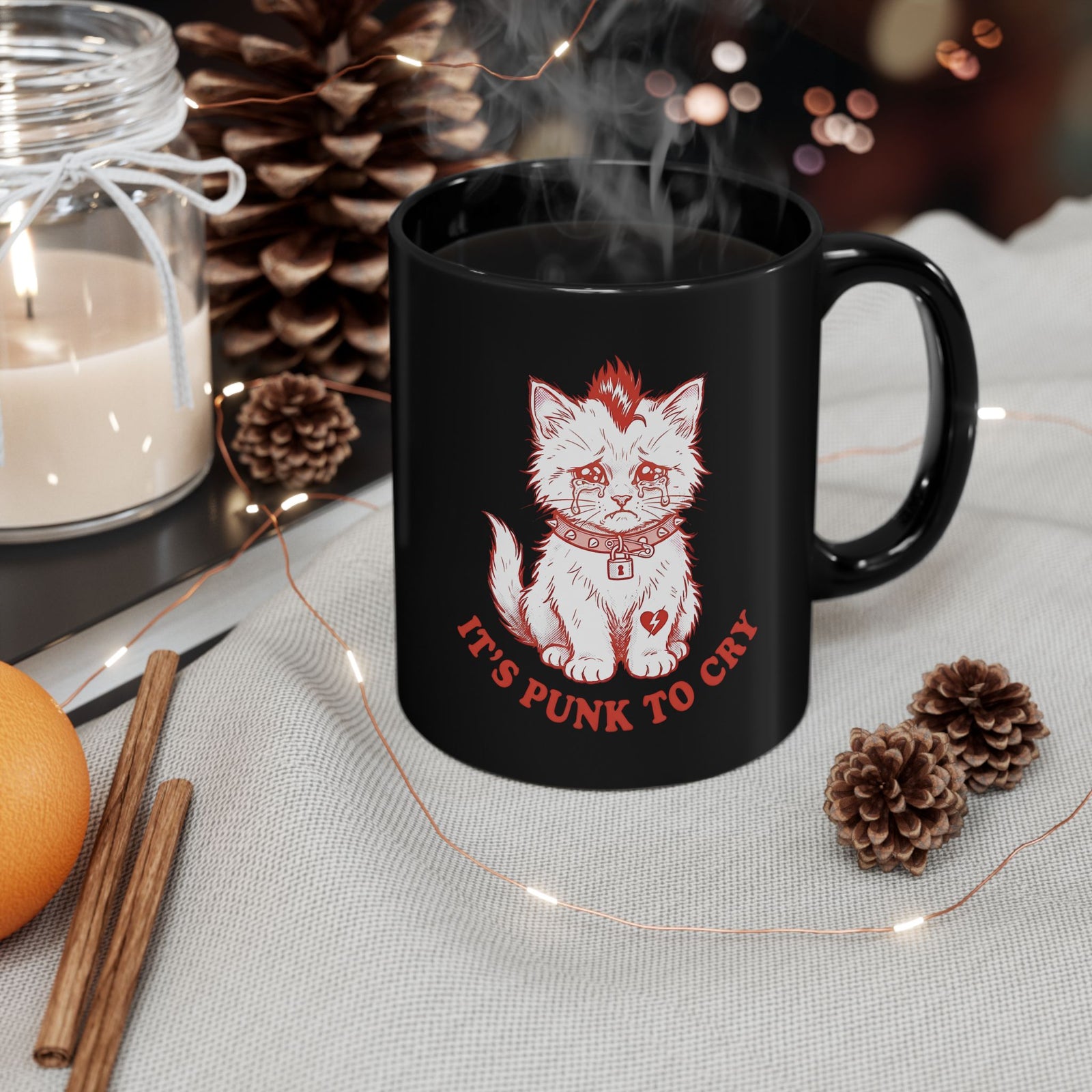 It's Punk To Cry Cat Mug — Cute Punk Cat Graphic Black Mug