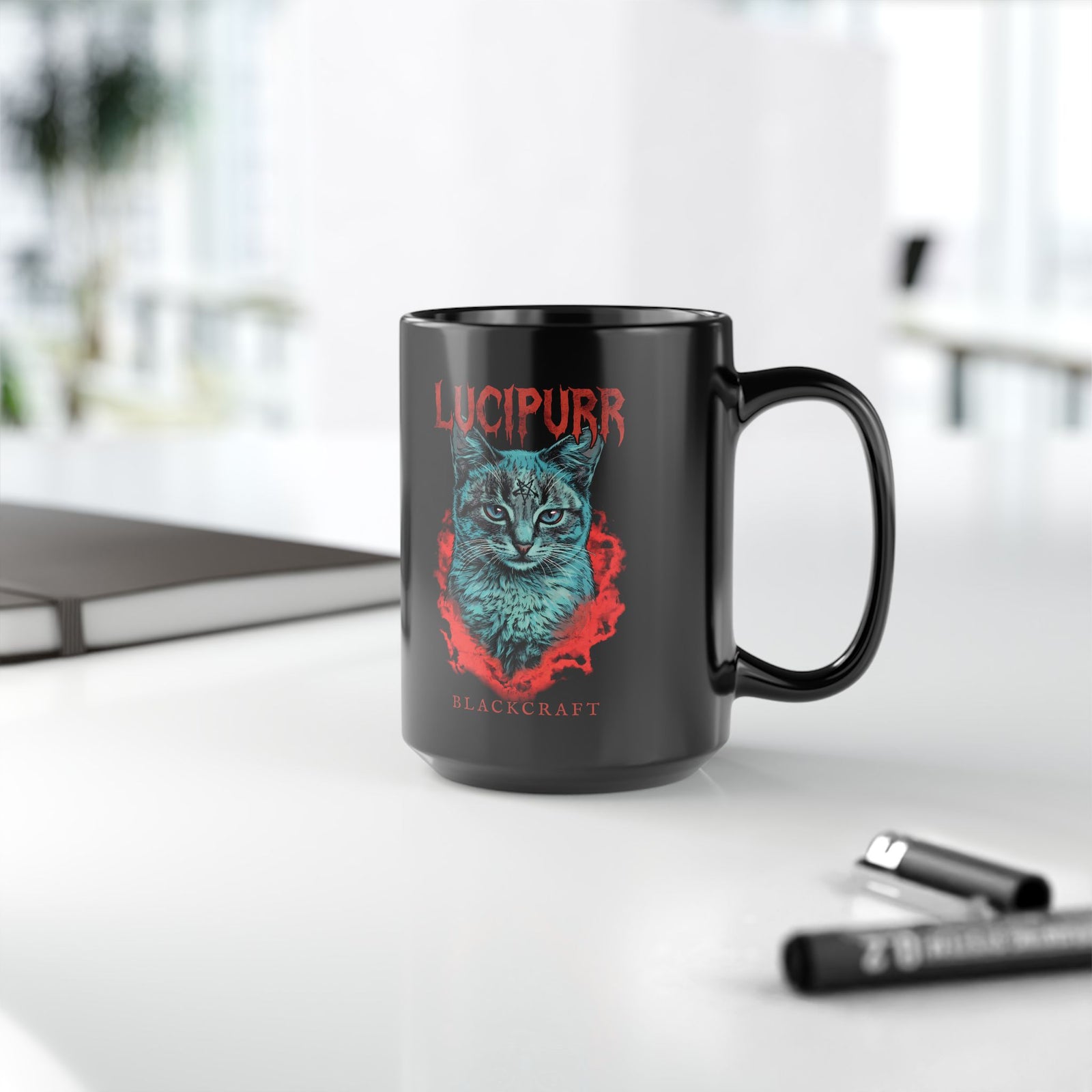Lucipurr Blackcraft Black Mug — Edgy Heavy Metal Satanic Cat Graphic Mug