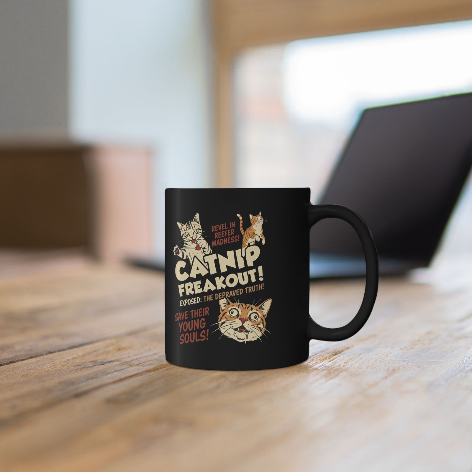 Catnip Freakout Black Mug — Funny Cat Lover Mug
