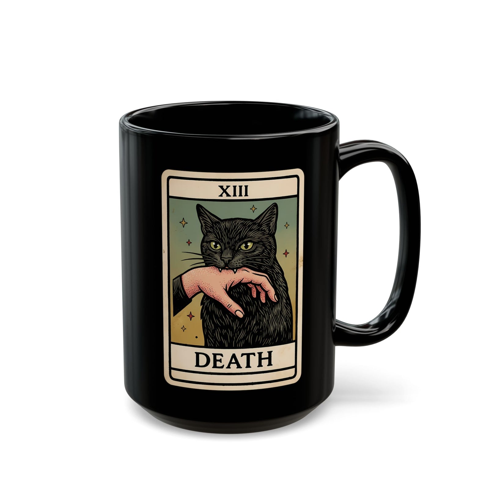 "Death" Tarot Card Black Cat Biting Hand Funny Black Mug