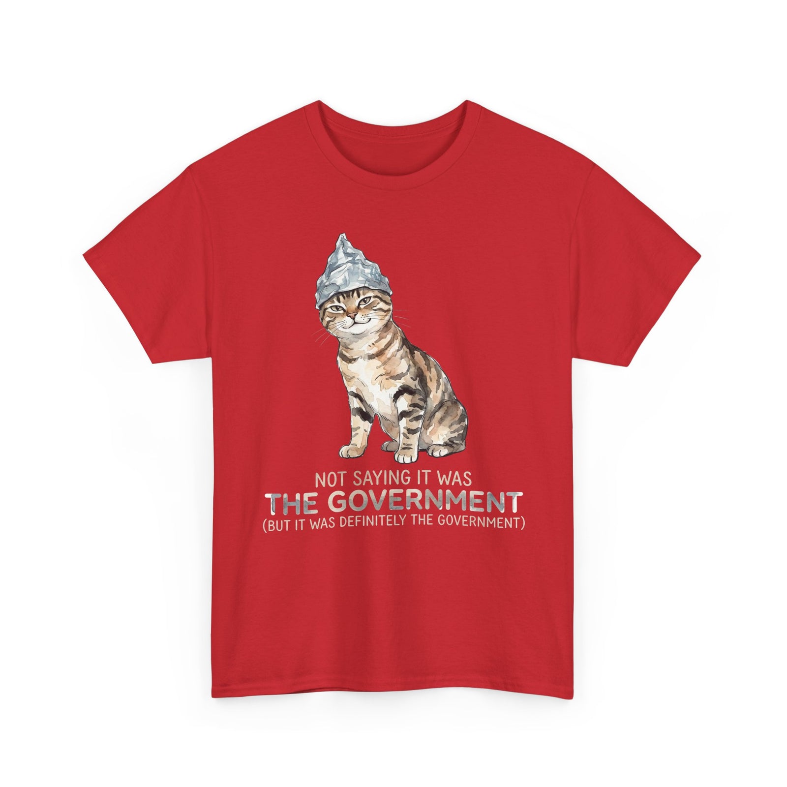 Conspiracy Cat T-Shirt — Funny Tin Foil Hat Cat Tee (“Not Saying It Was The Government”)