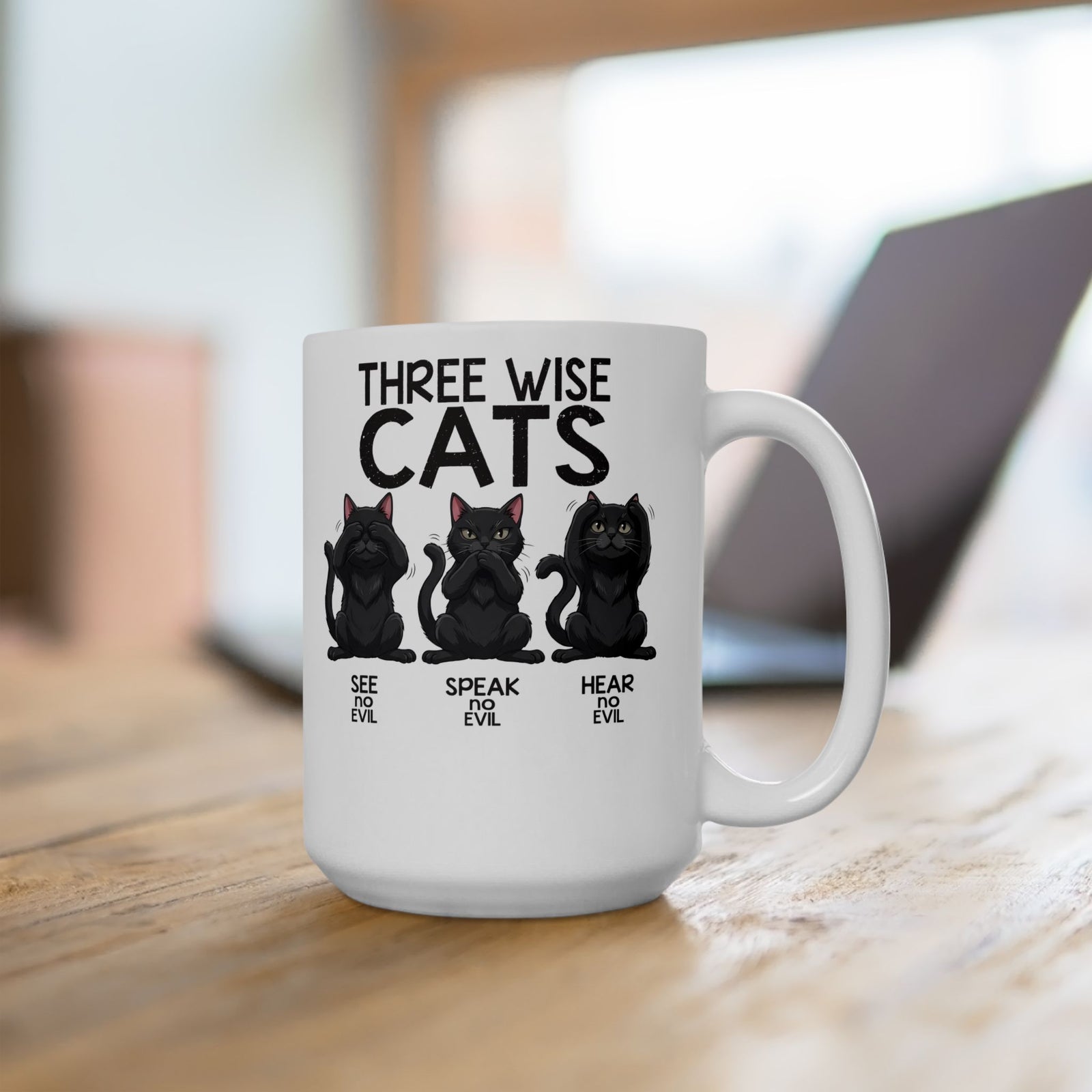 Three Wise Cats Ceramic Mug — See Speak Hear No Evil Black Cat Graphic