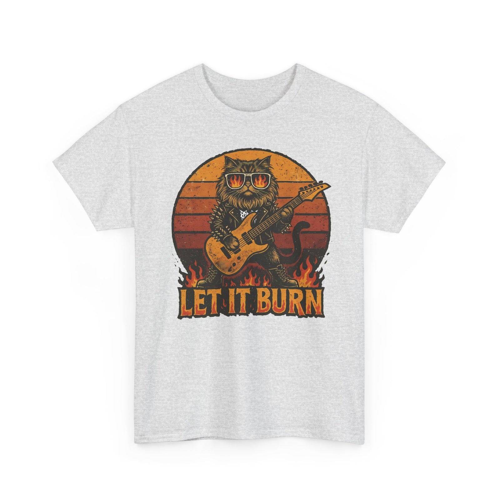 Let It Burn Rocker Cat T-Shirt — Heavy Metal Guitar Feline Graphic