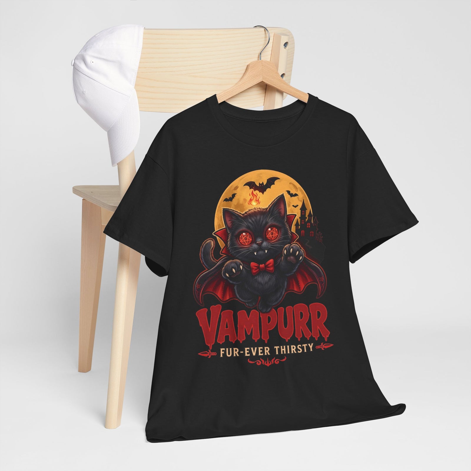 Vampurr Fur-Ever Thirsty Cat T-Shirt — Spooky Halloween Vampire Tee