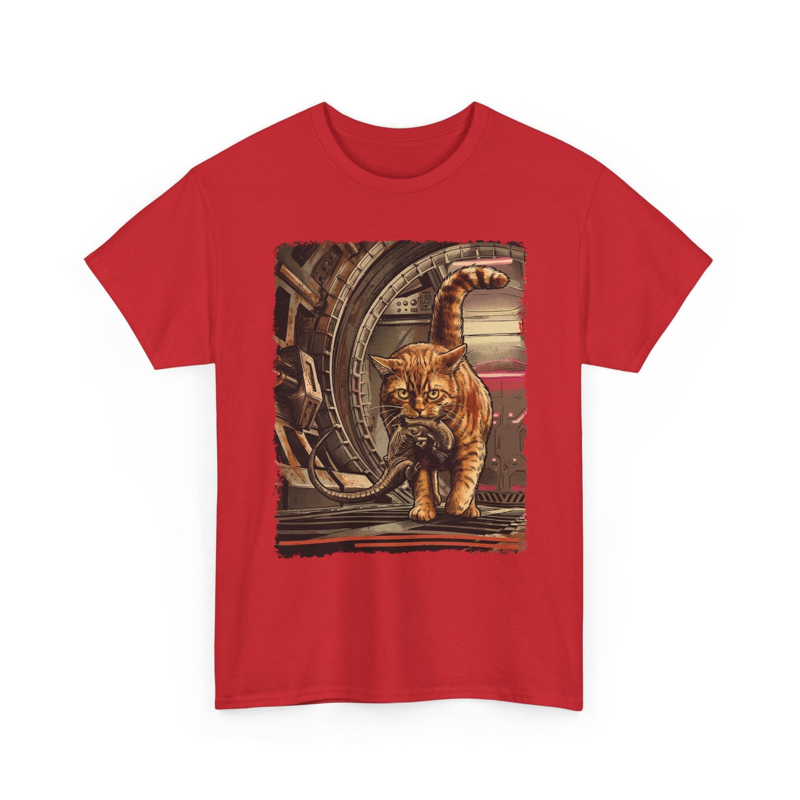 Sci-Fi Pest Control Cat T-Shirt — Alien Hunter Orange Tabby Graphic