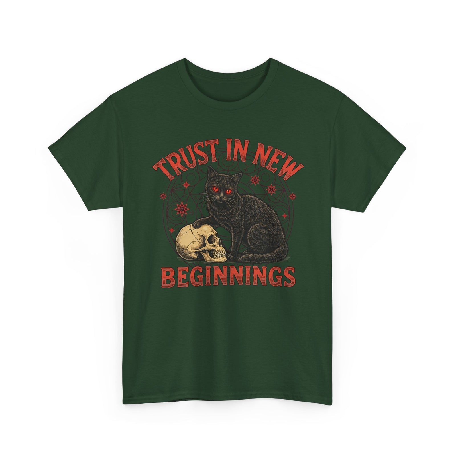 Trust In New Beginnings Cat T-Shirt — Occult Black Cat Skull Gothic Tee