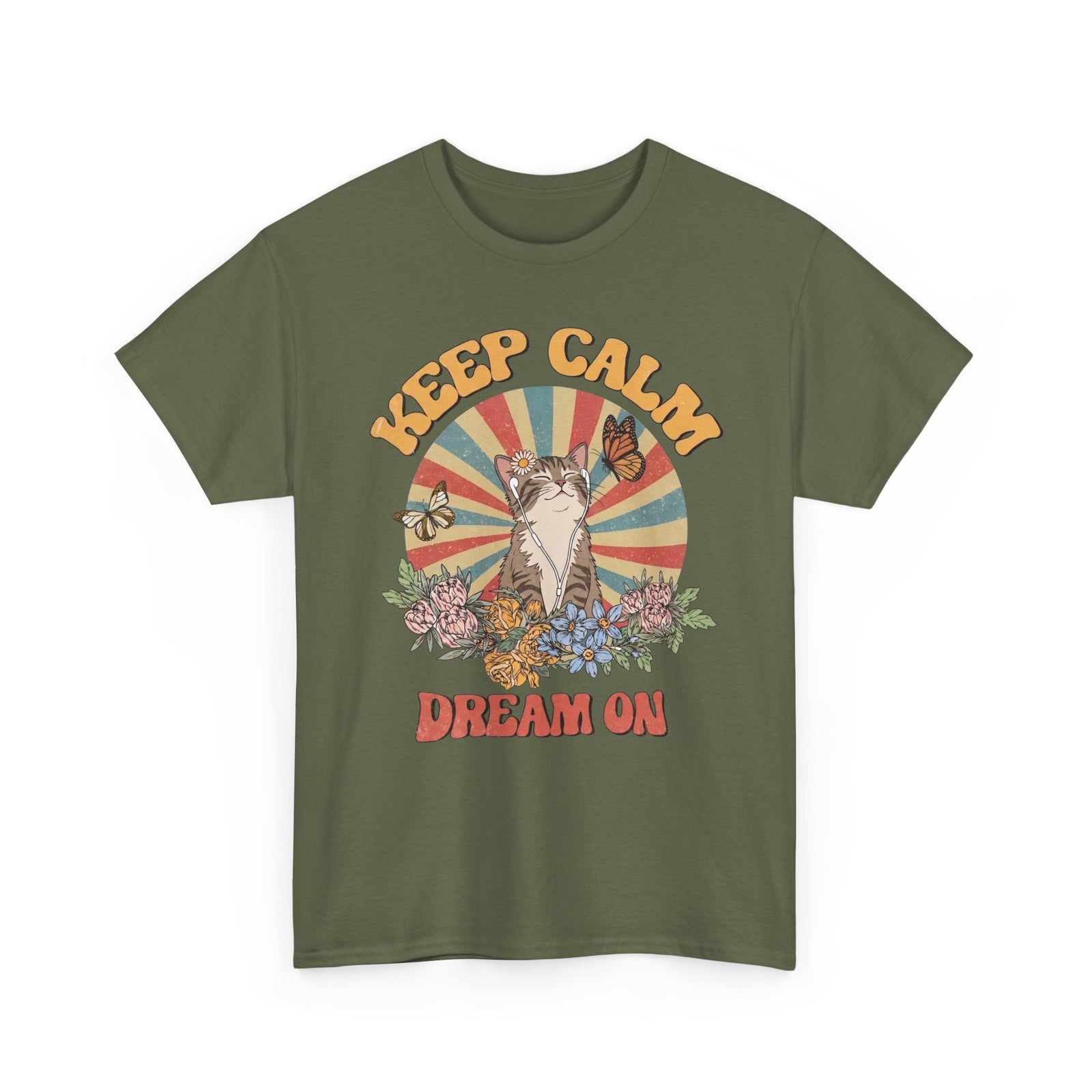 Keep Calm Dream On Cat T-Shirt — Retro 70s Hippie Feline Graphic