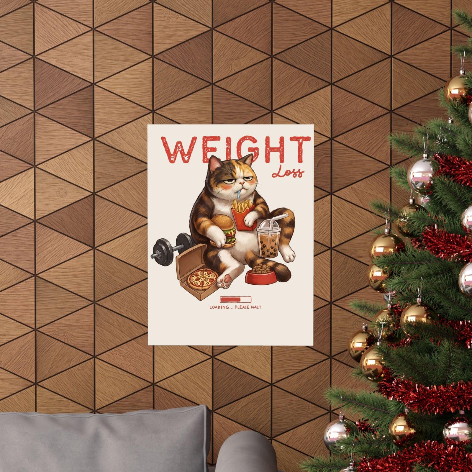Weight Loss Loading Funny Cat Poster — Chubby Calico Junk Food Poster