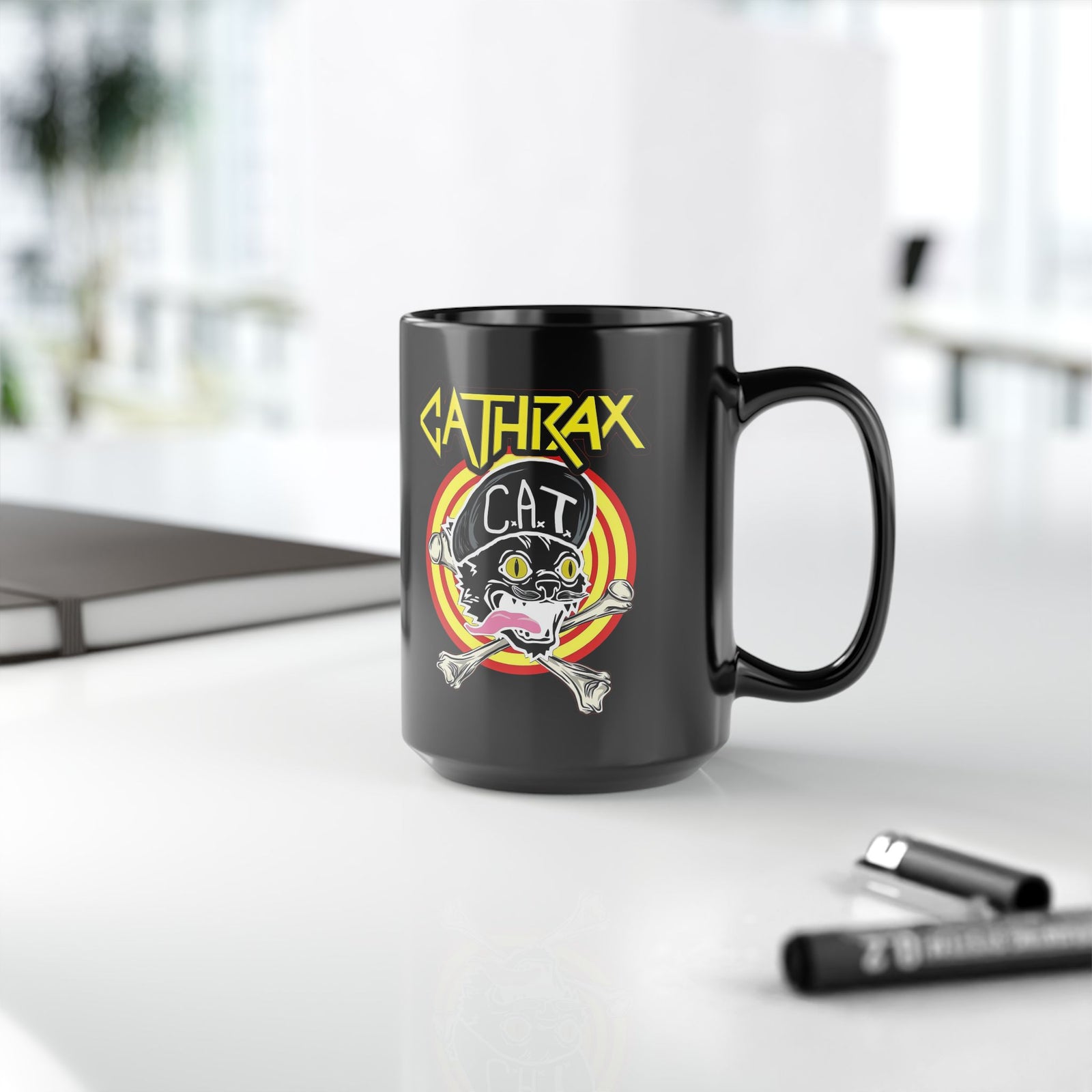 Cathrax Parody Cat Black Mug — Heavy Metal Band Cat Graphic Mug