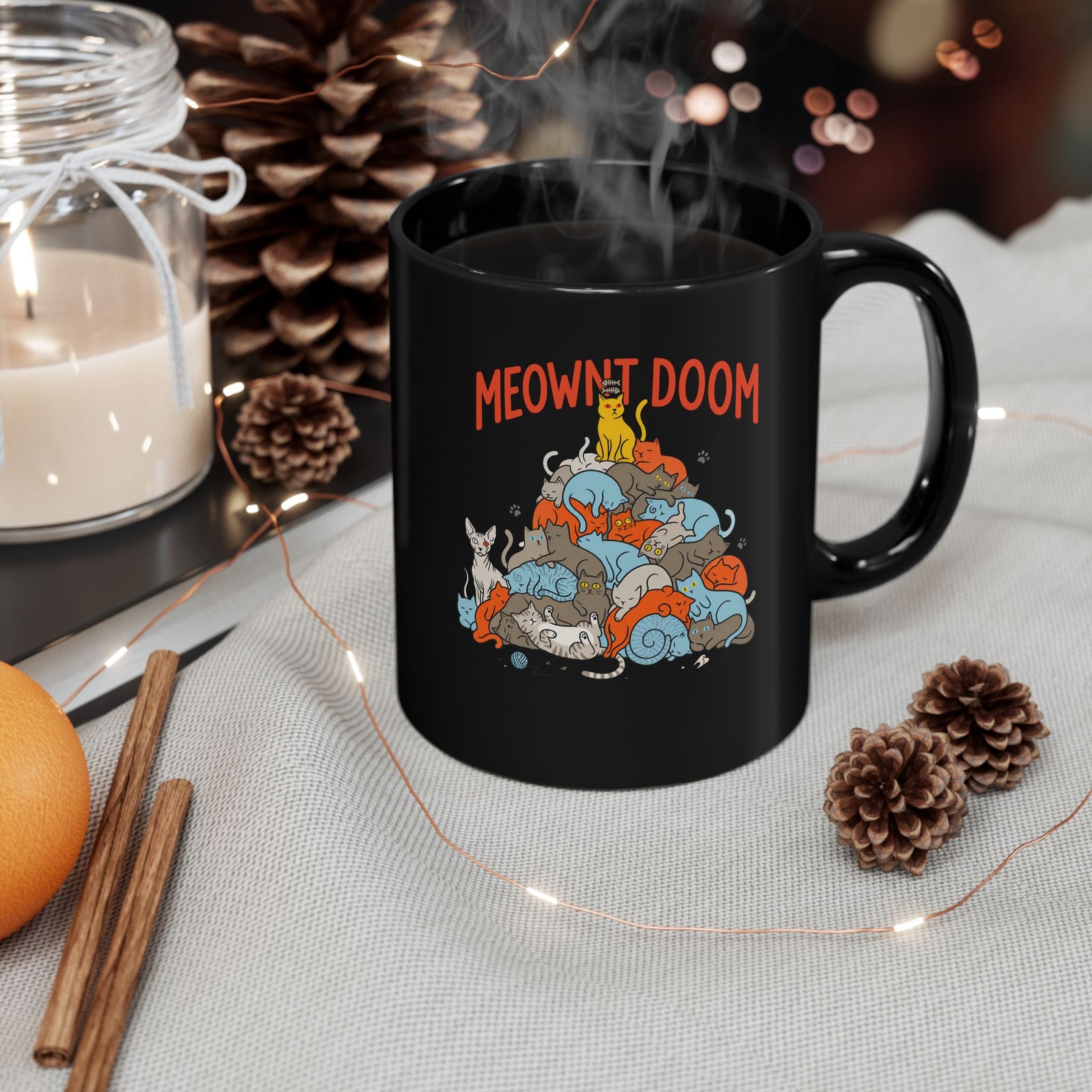 Meownt Doom Black Mug — Funny Cat 'meownt doom' Graphic Mug