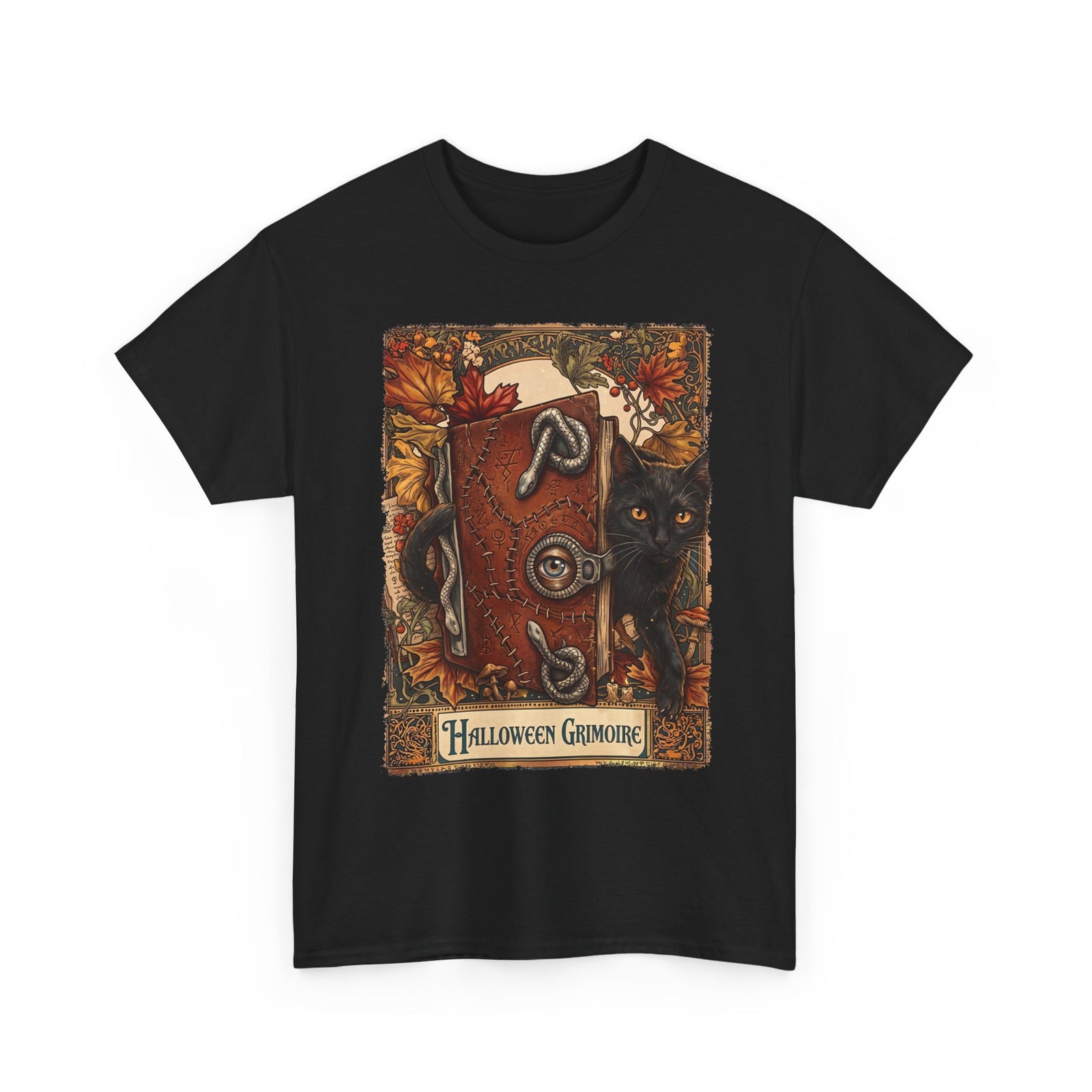 Halloween Grimoire Spellbook Black Cat T-Shirt — Witchy Autumn Magic Tee