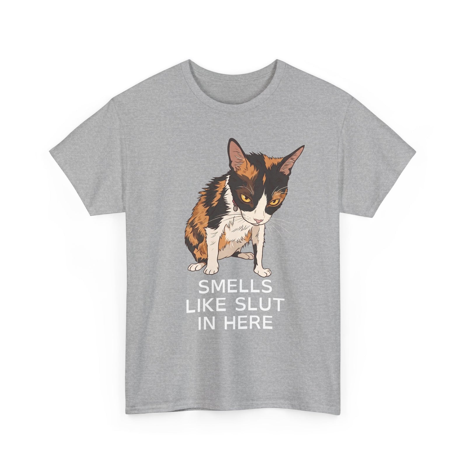Smells Like Slut In Here T-Shirt — Funny Grumpy Calico Cat Meme Tee