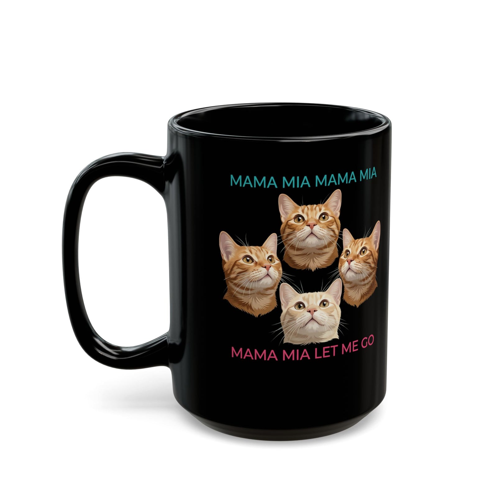 Funny Cat Rock Band Black Mug — "Mamma Mia Let Me Go" Parody