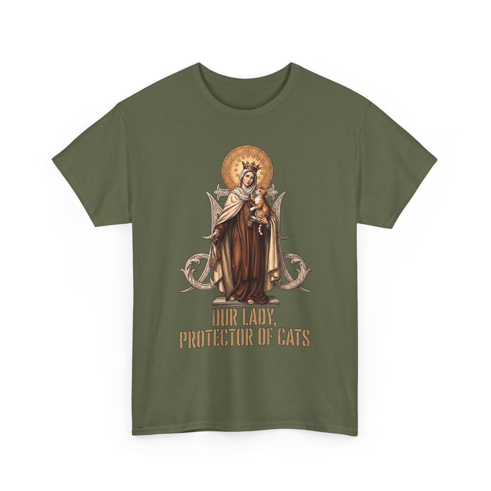 Our Lady Protector Of Cats T-Shirt — Sacred Feline Religious Parody Tee
