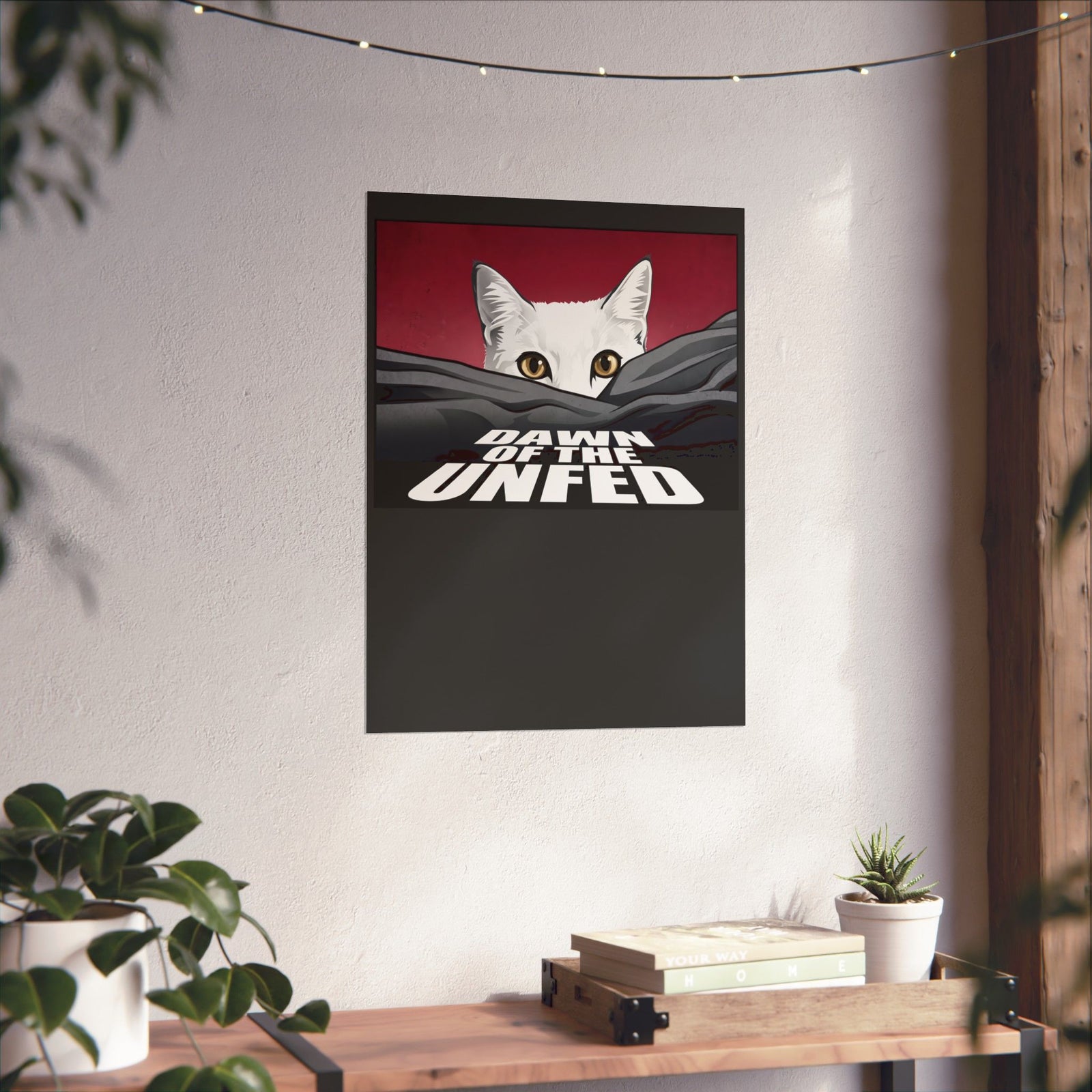 Dawn of the Unfed Poster — Funny White Cat Horror Movie Parody Poster