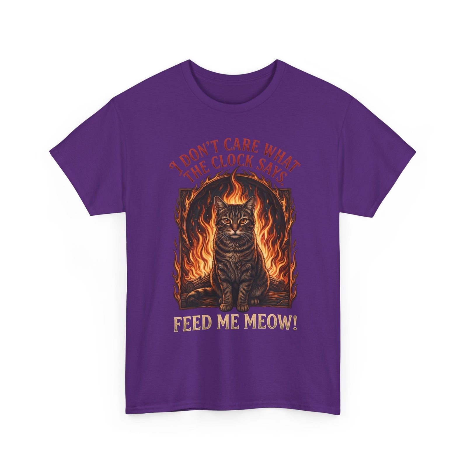 Feed Me Meow T-Shirt — Funny Hungry Tabby Cat Fiery Graphic Tee