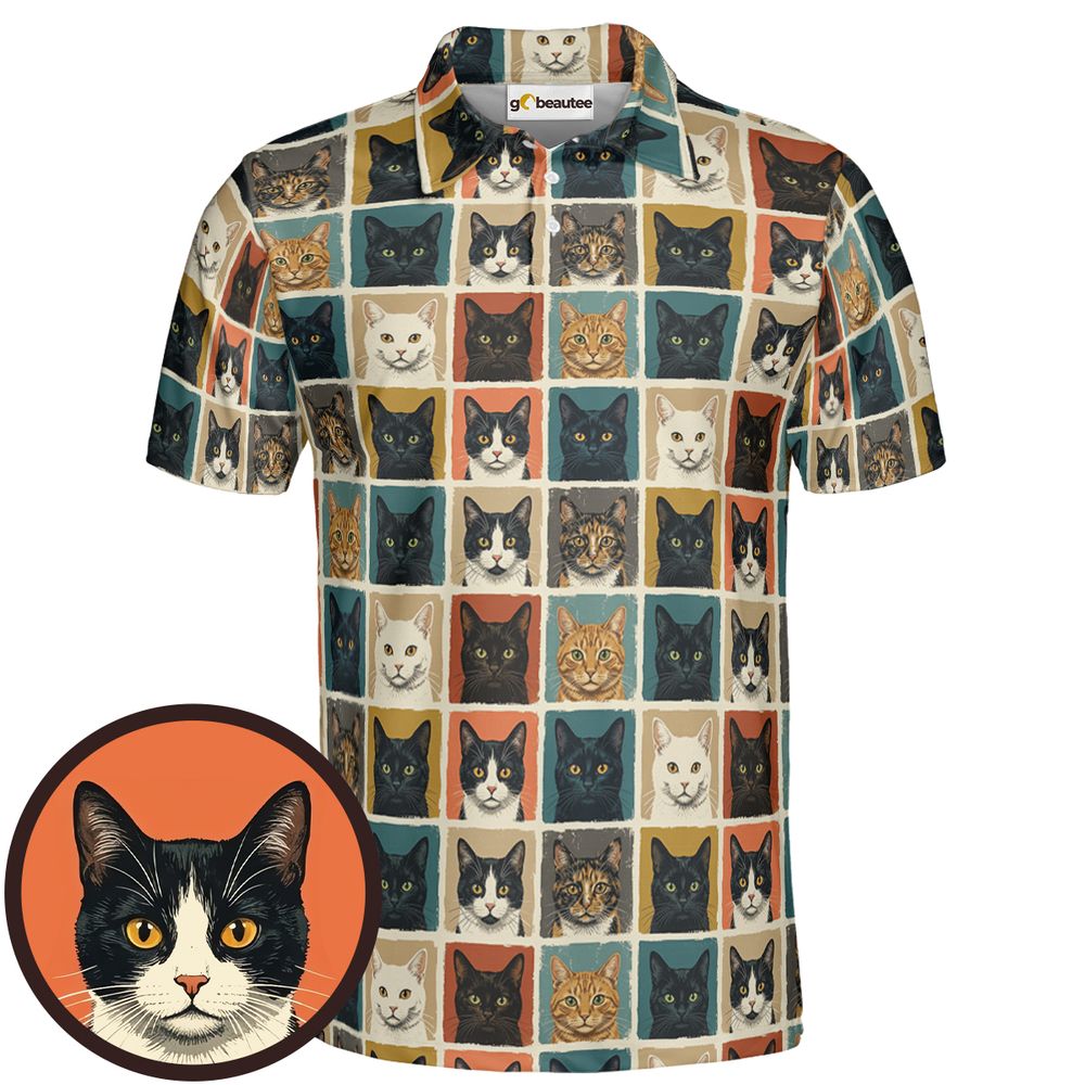 Retro Pop Art Cat Portrait Grid Full Print Polo Shirt - Men - 1