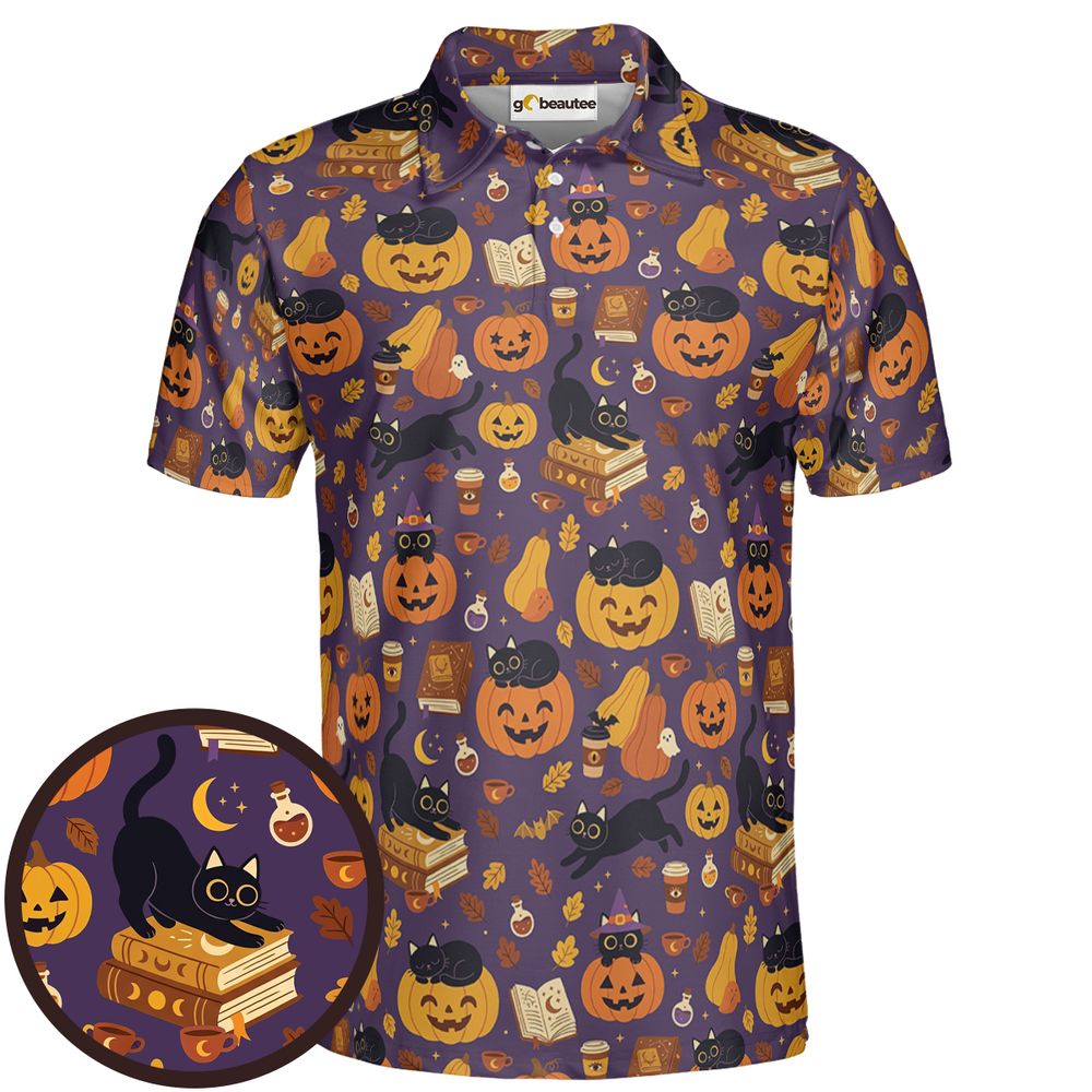 Purple Spooky Black Cat &amp; Pumpkin Magic Full Print Polo Shirt - Men - 1