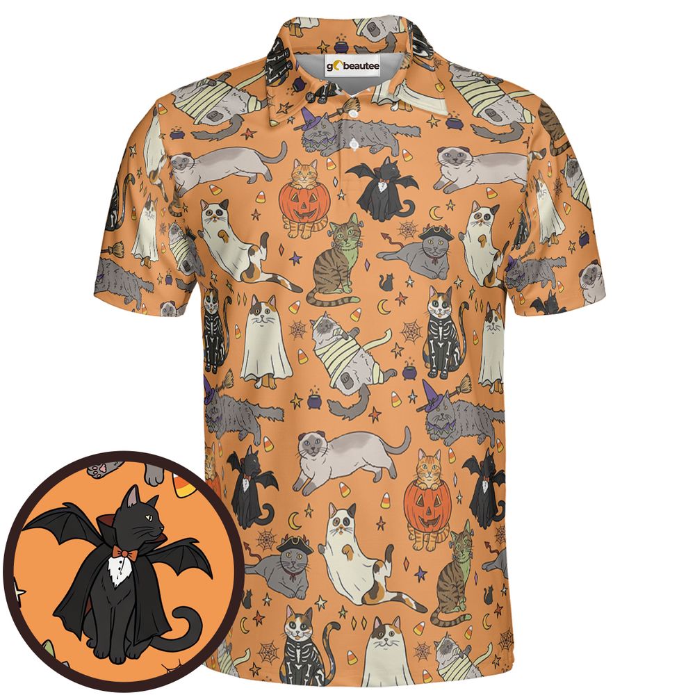 Spooky Orange Halloween Costume Cats Pattern Full Print Polo Shirt - Men - 1