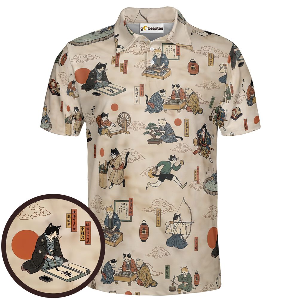 Ukiyo-e cat Full Print Polo Shirt - Men - 1