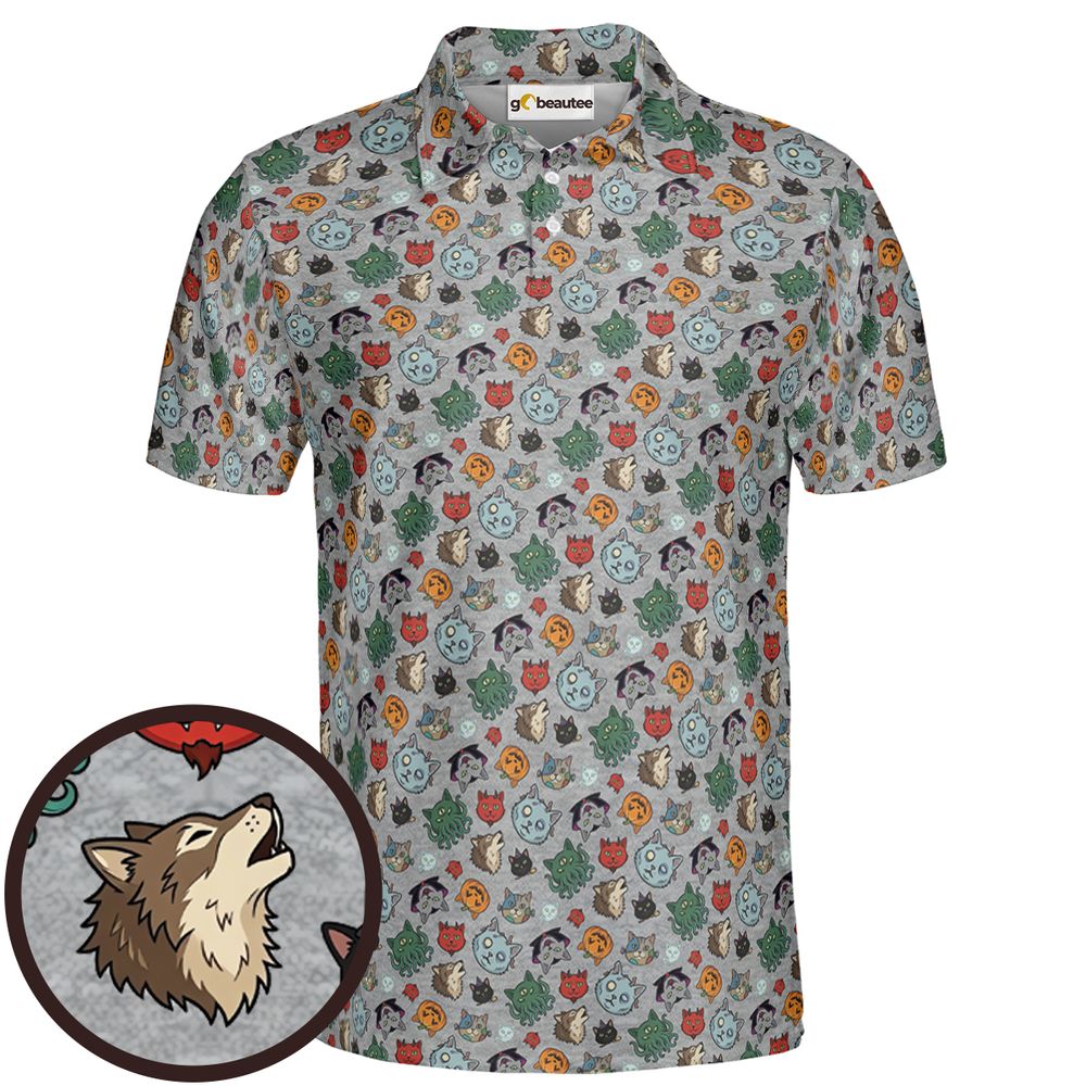 Spooky Monster Cat Mashup Halloween Full Print Polo Shirt - Men - 1