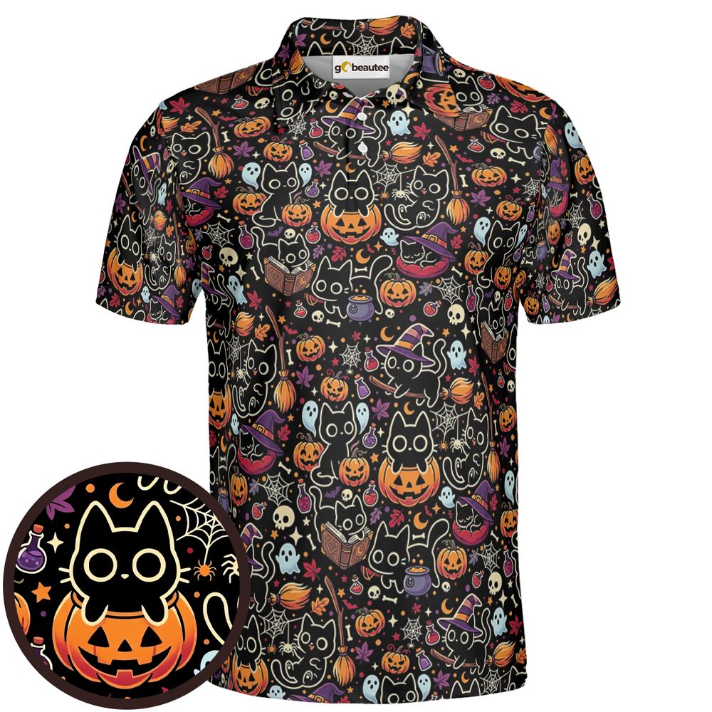 Black Cat and Pumpkin Full Print Polo Shirt - Men - 1