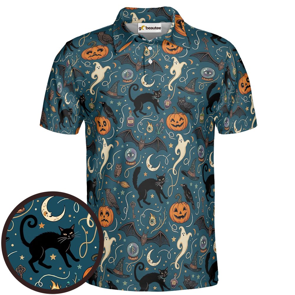 Magical Black Cat &amp; Spooky Night Halloween Full Print Polo Shirt - Men - 1