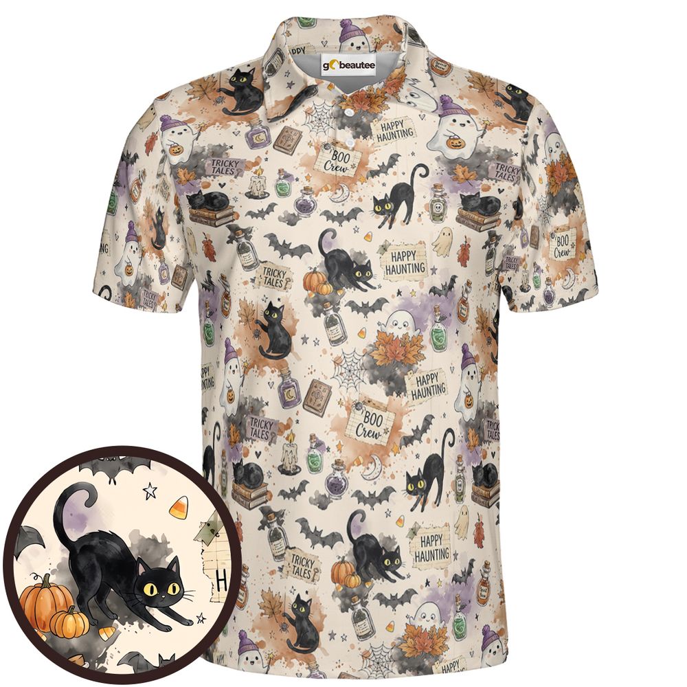 Happy Haunting Black Cat & Potion Spooky Full Print Polo Shirt - Men - 1