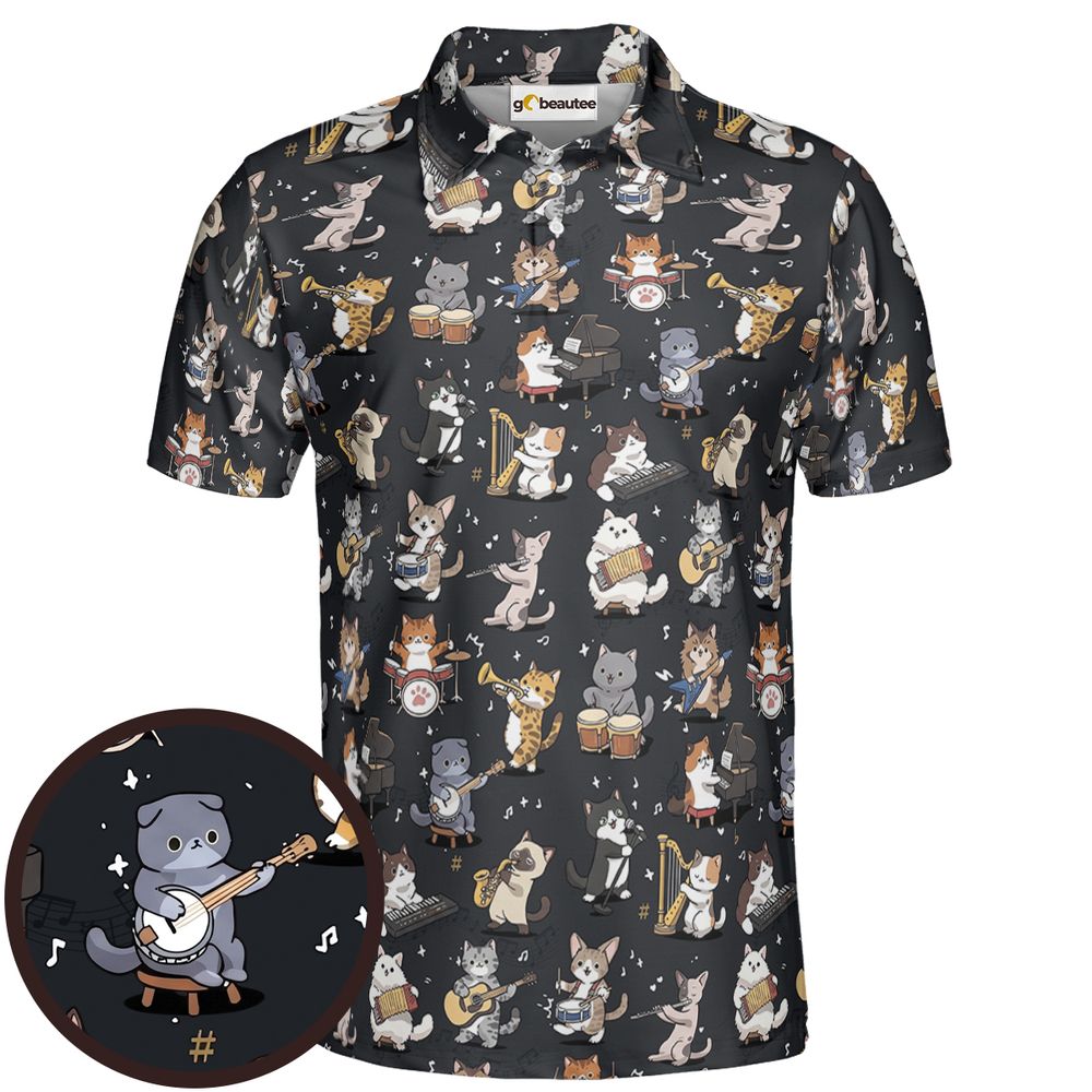 Cat Band Musical Instruments Full Print Polo Shirt - Men - 1