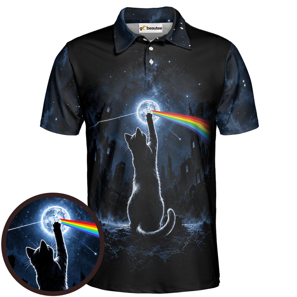 Cosmic Rainbow Moon Cat Silhouette Full Print Polo Shirt - Men - 1